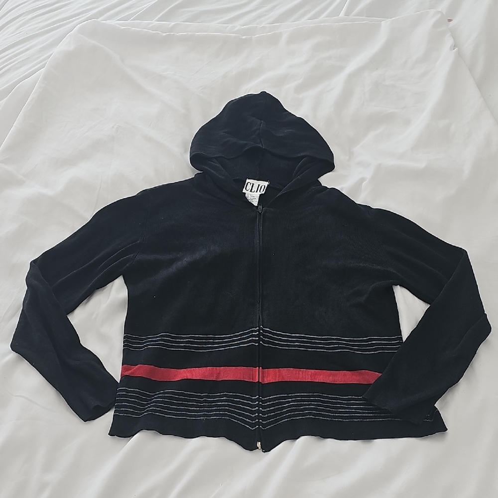 Clio Black Velour Zip Hoodie with Red Stripe Accents